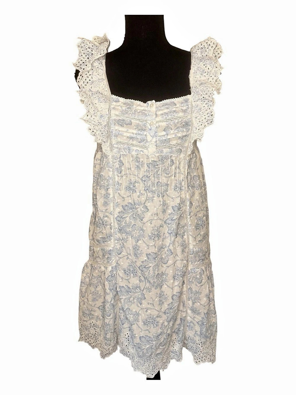 Rachel Ashwell Blue Floral Toile Eyelet Cotton Mini Dress